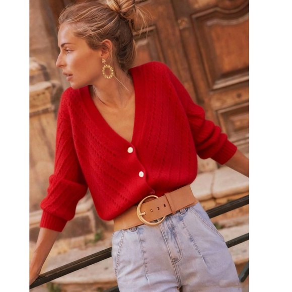 V-Cut Buttoned Down Red Knit Cardigan Textured, Long Sleeve - Picture 5 of 6